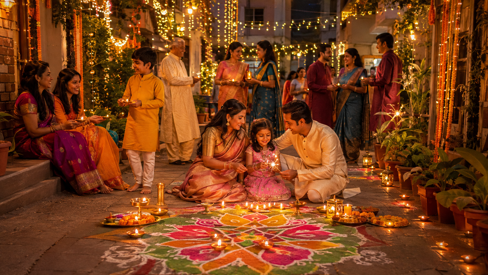 Diwali celebration with families and lights